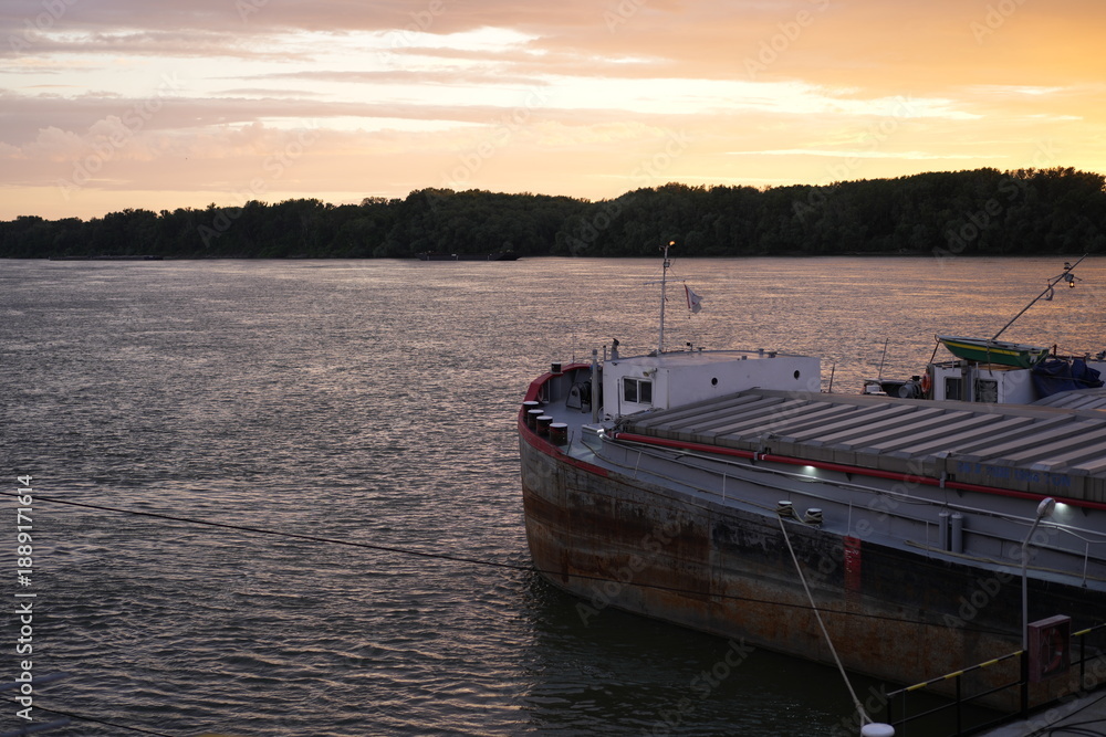 Obraz premium Cargo ship docked on danube river at Ruse, Bulgaria