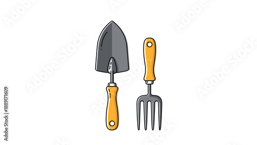 Illustration of essential gardening tools including a metal hand trowel and a four-pronged hand fork with wooden handles for outdoor hobbies.