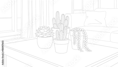 Coloring page featuring a selection of potted succulent plants including various cacti and trailing string of pearls displayed neatly upon a living room coffee table beside a sofa