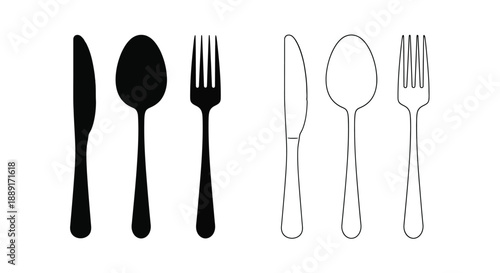 Black and white flatware set knife spoon and fork illustrations