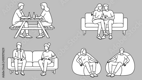 People sitting at picnic table and friends relaxing on sofas and bean bags in different locations in simple vector illustration