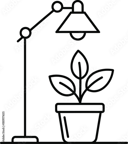 Simple line art icon depicting a small potted plant receiving artificial light from an adjustable grow lamp for indoor cultivation and hobby gardening projects.