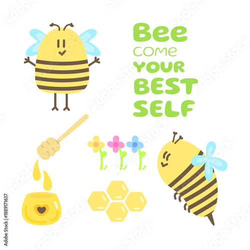 Cute honey bee sticker set with inspirational quote, honey jar and spring flowers vector illustration