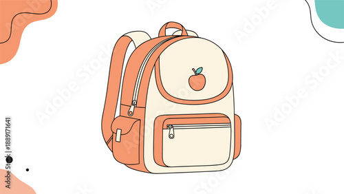 Stylish orange and cream colored school backpack with a small peach patch on the front pocket against a decorative background for students.