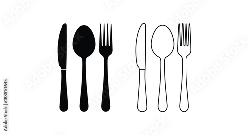 Black and white illustration of cutlery knives forks and spoons