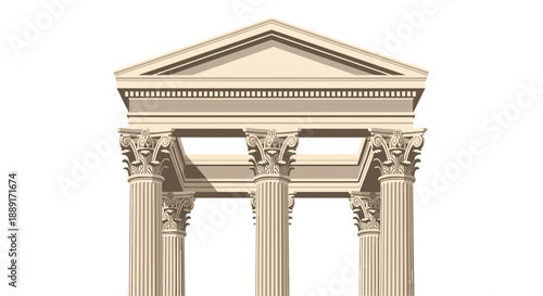 Classical Greek Temple Facade with Ionic Columns and Pediment, Architectural Illustration, Ancient Monument, Ionic Order, Stone Structure, Pediment Detail, Column Capi...