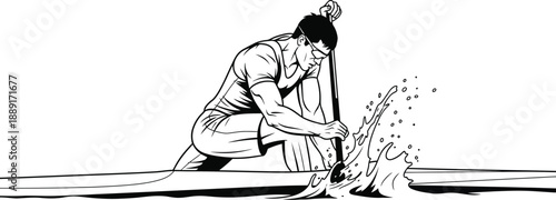 Muscular canoe athlete in a focused stance expertly driving the paddle deep into the water during intense competition creating a dramatic splash effect illustration.