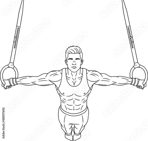 Muscular male gymnast performing a strength hold exercise while suspended by his hands from the apparatus of men's artistic gymnastics rings during training or competition.