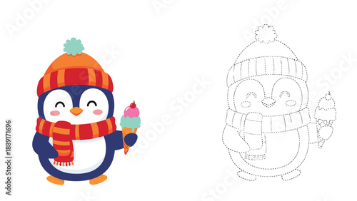 Educational worksheet for kids showing a cute penguin with a scarf holding an ice cream cone in both color and dotted line tracing versions.