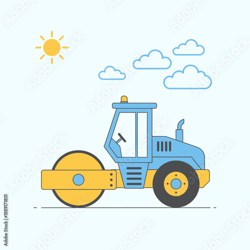 Bright Blue Road Roller Under Sunny Sky