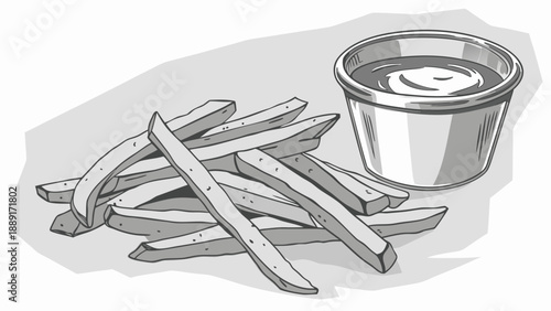 Stylized french fries and dipping sauce presented in a flat grayscale silhouette high quality professional detailed