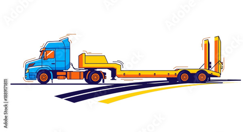 Bright Blue Semi Truck With Yellow Lowboy Trailer Driving On A Road