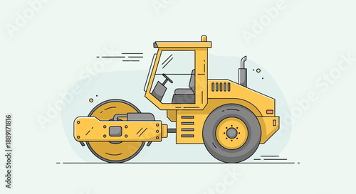 Bright Yellow Road Roller Construction Machine Illustration Flat Design Style