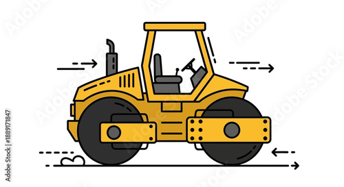 Bright Yellow Road Roller Machine Flat Design Illustration