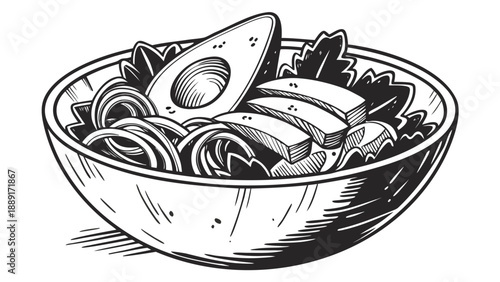 A detailed illustration of an avocado bowl with sliced avocado presented as a silhouette high quality