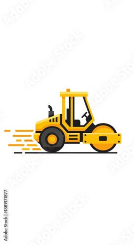 Bright Yellow Road Roller Machine Working on Construction Site