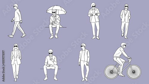 A man walking in fashionable style wearing sunglasses in a simple vector illustration on a light purple background with outlined figures.