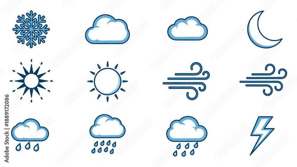 Obraz premium Set of weather icons including sun, rain, snowflake, wind, moon, lightning, and cloud in outline blue vector illustration.