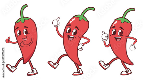 Three cheerful red chili peppers are shown giving thumbs up a wave and a walk silhouette