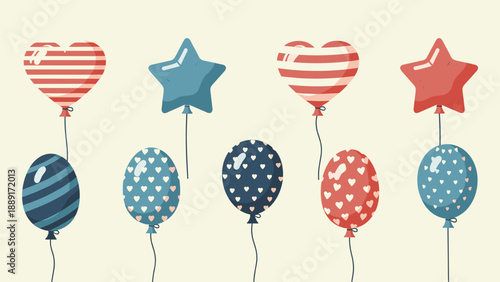 Collection of colorful balloons with different patterns like stripes, hearts, and stars floating against a cream background for celebrations.