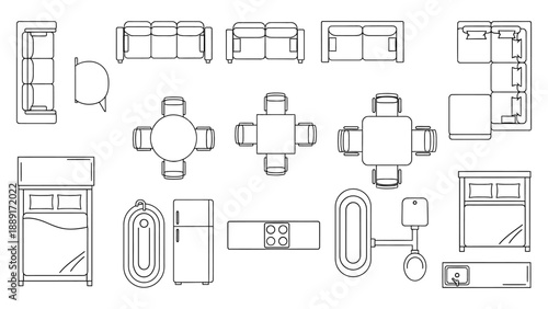 Furniture top view interior design for room plan apartment house living room bedroom kitchen and bathroom isolated vector illustration.