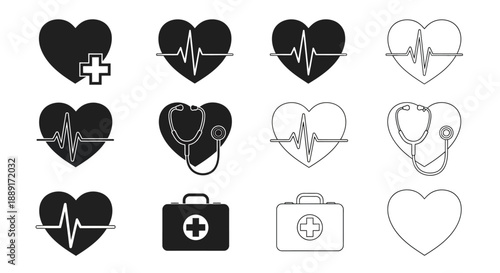 Collection of medical icons featuring hearts stethoscopes and first aid kits