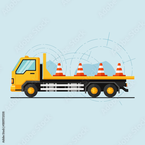 Bright Yellow Tow Truck Transporting Safety Cones Across Scenic Landscape
