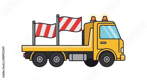 Bright Yellow Tow Truck With Cautionary Stripes Flags For Roadside Assistance