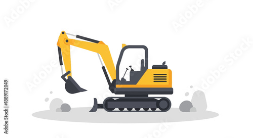 Bright Yellow Excavator Machine Digging Earth With Dust Clouds