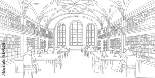 Detailed line art drawing showcasing a grand, historic university library interior with towering bookshelves and students diligently studying beneath vaulted ceilings and tall arched windows.