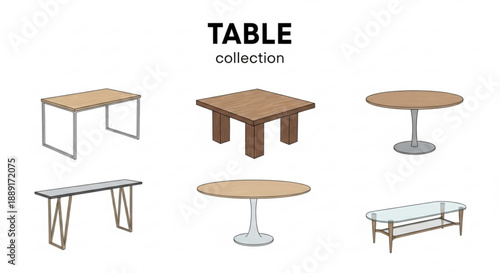 Minimalist Furniture Illustration Collection Featuring Dining and Side Tables