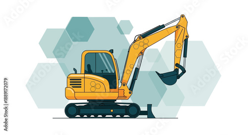Bright Yellow Excavator Machine On Abstract Geometric Background