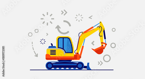 Brightly Colored Excavator Machine with Abstract Circular Design Elements