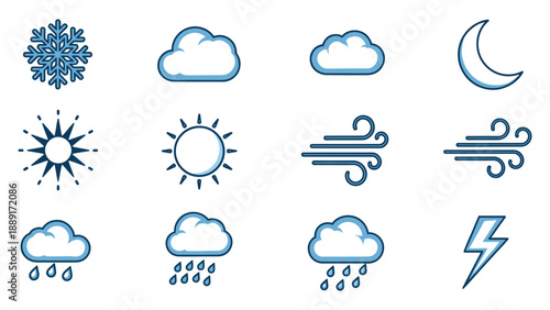Set of weather icons including sun, rain, snowflake, wind, moon, lightning, and cloud in outline blue vector illustration.