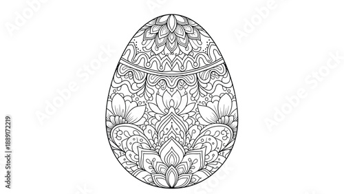 Highly detailed black and white mandala-style drawing of an Easter egg featuring elaborate floral and geometric patterns for adult coloring.