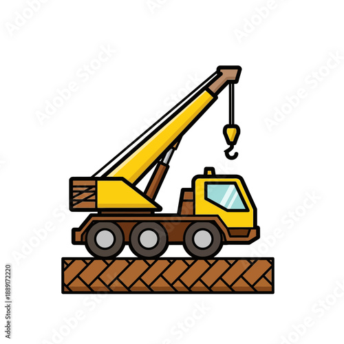 Cartoon Crane Truck On Construction Site Ready To Lift Heavy Loads