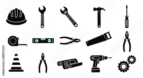 A collection of black silhouette tools including a helmet and pliers