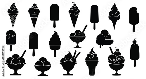 Black silhouette icons depicting various types of frozen desserts and ice cream