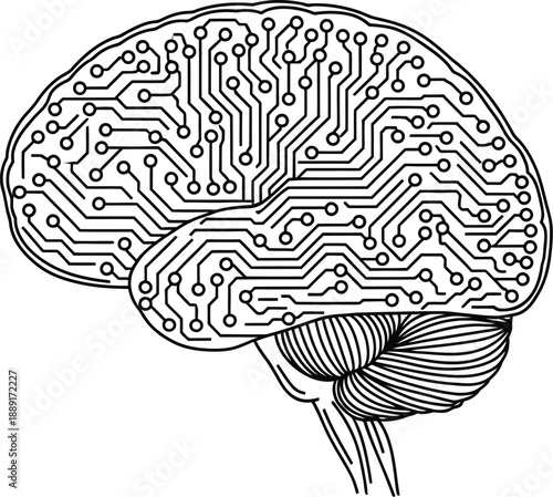 Stylized line art illustration depicting the human brain structure overlaid with intricate electronic circuit board pathways symbolizing artificial intelligence and complex data processing concepts