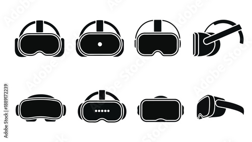 A collection of virtual reality headset icons in black and white