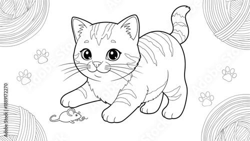 Detailed black and white coloring page showing a playful kitten reaching for a small toy mouse surrounded by balls of yarn for kids activity.