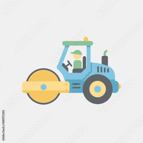 Cartoon Steamroller Machine Operator Driving On Road Construction Site