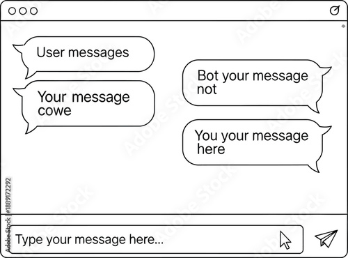 Simple black and white wireframe illustration depicting a basic digital chat window interface with placeholder text in message bubbles between a user and a virtual bot assistant application screen.