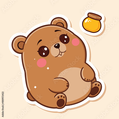 Cute cartoon bear with honey pot sticker illustration.