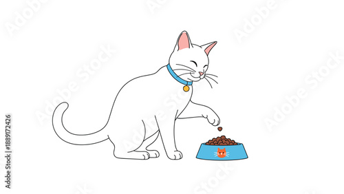 Happy white cat with a blue collar and a golden bell reaching for a piece of kibble from its orange food bowl on a clean white background.