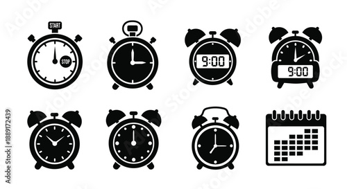 Collection of black silhouette alarm clocks and a calendar icon