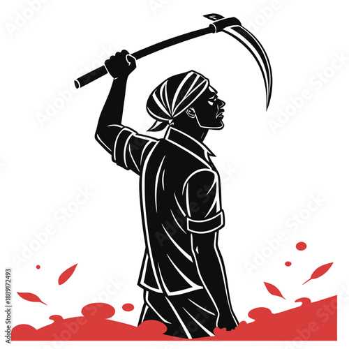 A worker raises a scythe in a powerful pose depicted as a striking silhouette high quality
