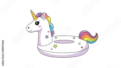 Inflatable unicorn pool float with a vibrant rainbow mane and tail, perfect for summer vacation and relaxation.