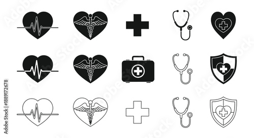 Collection of black medical icons featuring hearts stethoscopes and crosses