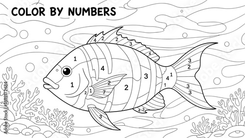 Educational color by numbers worksheet for children featuring a detailed underwater scene with a large fish.